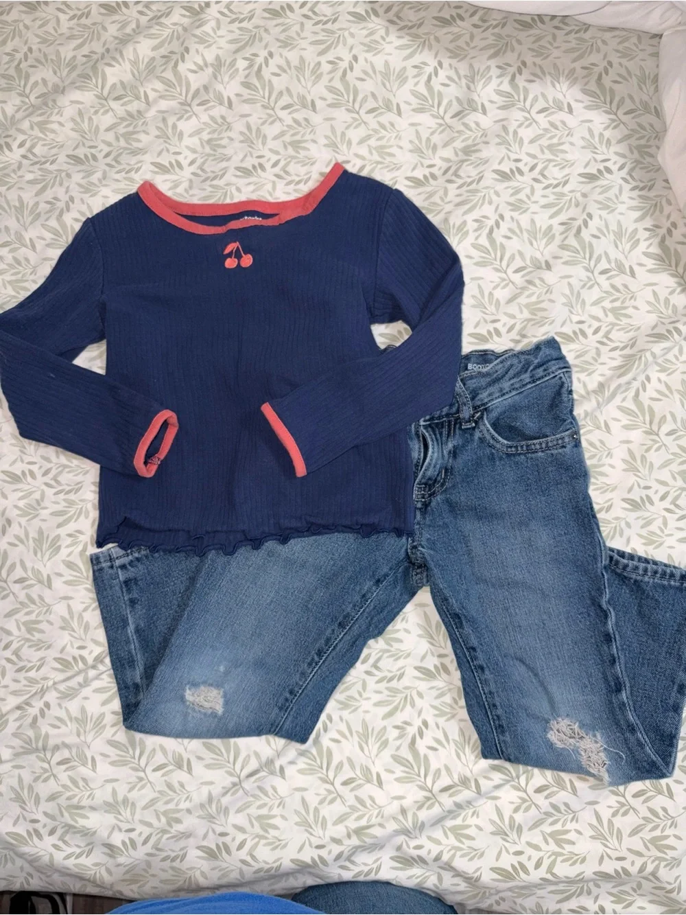 Navy Long-Sleeve Ribbed Tee with Coral Trim and Cherry Accent